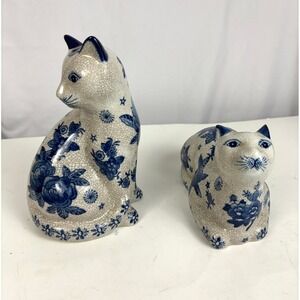 Vintage Blue White Floral Crackle Ceramic Cat Figurines Pair Chinoiserie Lot